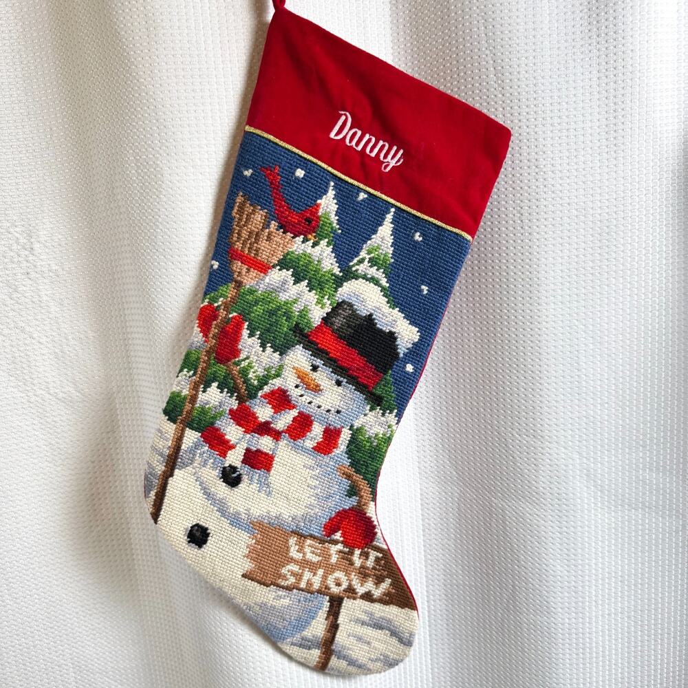 Vintage Christmas Stocking Wool Needlepoint JC Penney Home Snowman “Danny” EUC
